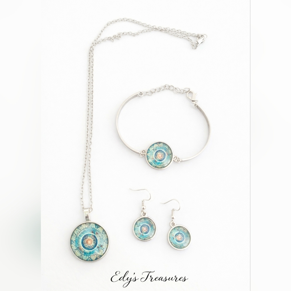 Boho Mandala Jewelry Set Necklace Bracelet Earrings Silver Tone NWOT